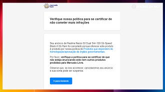 Aviso do ML enviado aos vendedores sobre produtos não homologados.