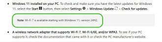 Trecho do documento confirma que será necessário instalar a versão 24H2 para usar o Wi-Fi 7